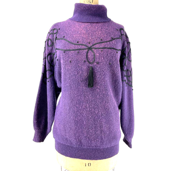 Jason Maxwell Vintage Purple Tassel Turtle Neck Knit Sweater M - Picture 1 of 9